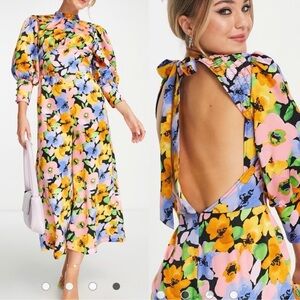 ASOS satin balloon sleeve open back tea jumpsuit in bold floral print Sz 4